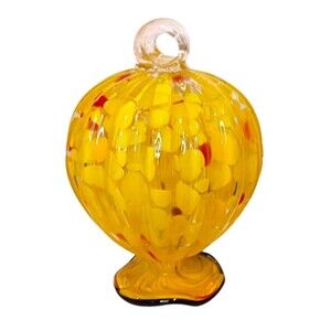 Vtg Murano Style Pumpkin Balloon Art Glass Figure Yellow Red Black Hook to Hang